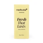 نمای روبرو جعبه دئودورانت مدی کیوب وانیل و پسته با نوشته Fresh That Lasts
